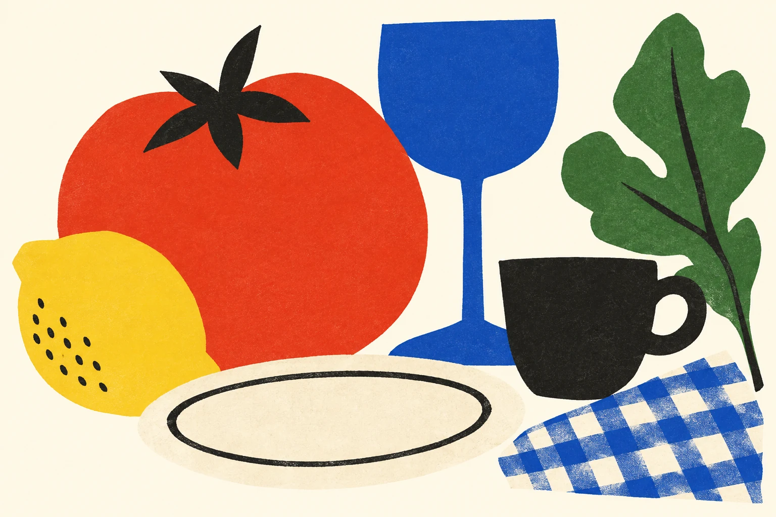 Playful cut-paper collage of a tomato, lemon, coffee cup, wine glass and picnic table setting